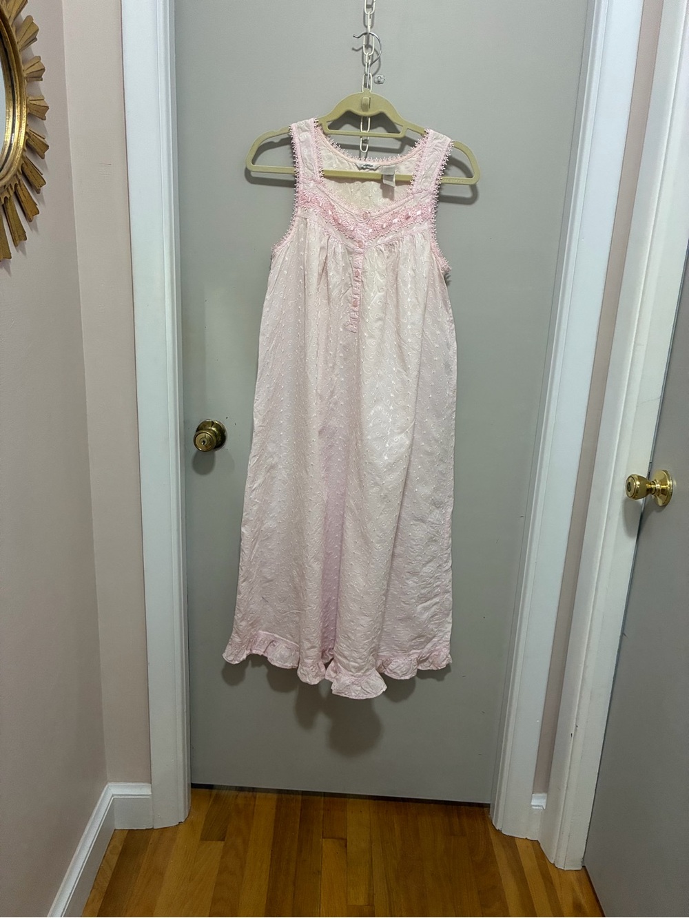 Vintage Adonna Pink Embroidered Sleeveless long Nightgown Soft Ruffle Trim